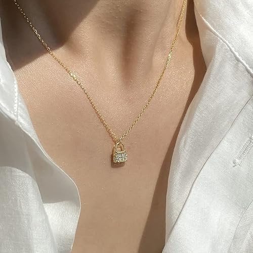 OBCPD S925 Sterling Silver Pavé Crystal Lock Pendant Necklace Women Sweet Birthday Jewelry Friendship Gift