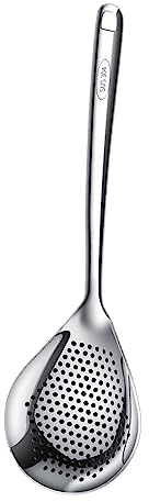 LOVIVER 304 Stainless Steel Skimmer Slotted Spoon Kitchen Strainer Ladle Hanging Holes Comfortable Grip Noodle Strainer Spoon for Frying Dumpling, Small