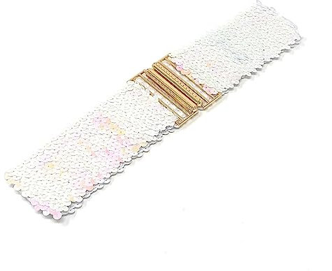 Cadoline White Womens Wide Belt Sequin With Elastic Stretch and Gold Buckle Waist Band Corset