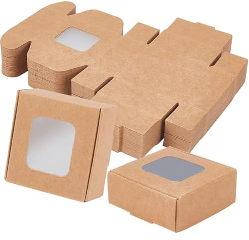 BENECREAT 48 Confezione da 5.5x5.5x2.5 cm di Scatola di Carta Kraft Marrone con Finestre Trasparenti Scatola Regalo di Carta Pieghevole Scatola di Caramelle Scatola di Dessert per Feste