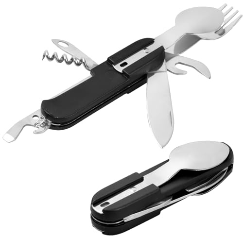 Wisebom 2 Pcs Juego de Cubiertos Plegables, 8 en 1 Cubiertos Camping Acero Inoxidable Portátil Cubiertos Plegables para Camping (Negro)