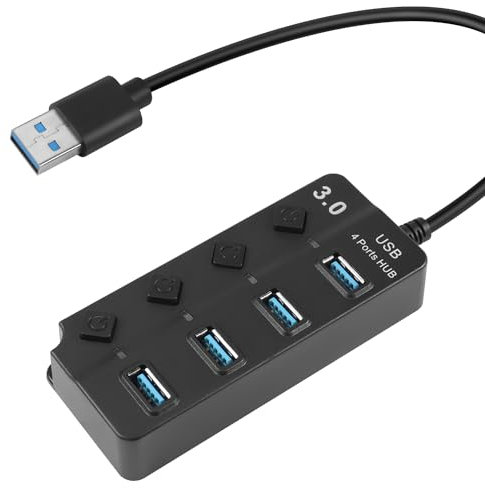 HATMINI 1FT 4-Port USB3.0 Expander Hub,USB 3.0 Fast Data Hub with Individual LED Power On/Off Switches,Portable USB Port Extender for Laptops, USB Flash Drives and More (1FT)
