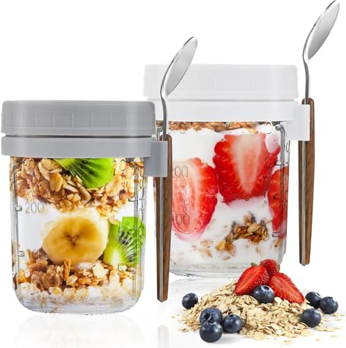 GMMG Overnight Oats Jar Bol, 2Pcs Muesli a Emporter, Réutilisable Boite Yaourt To Go, Bocaux D'avoine de Nuit avec Cuillère pour Lait Céréales Fruits (375 ml)