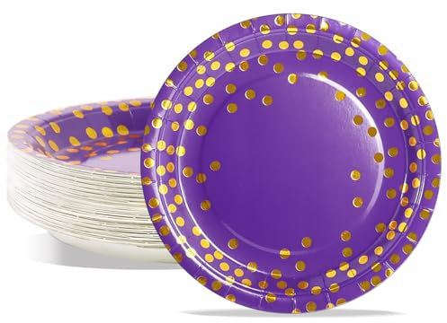 AIPartywar Assiette Jetable Anniversaire 50pcs 18cm Assiettes en Carton Jetables Assiettes Party Vaisselle Jetable pour Baptême, Anniversaire, Mariage, Camping-Or Violet