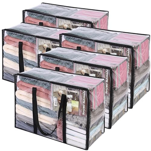 Vieshful 5 Pack Clear Comforter Storage Bag, 90L Clothes Storage Bag with Zipper Closet Organizer, Plastic Storage Containers Moving bags for Comforter, Blanket, Bedding, Duvet, Toys