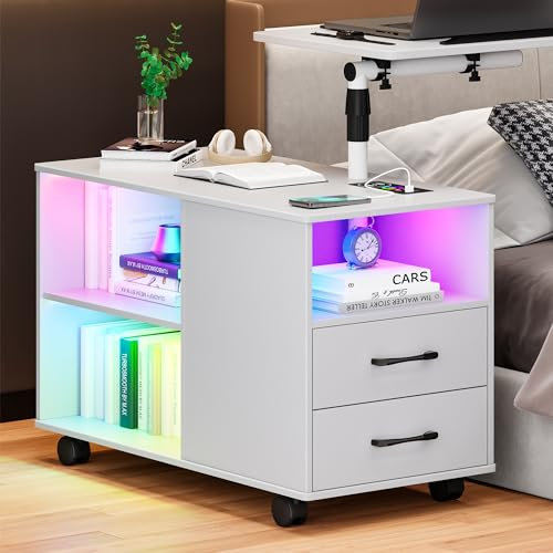 Lvifur Led Nachttisch mit Ladefunktion, RGB 24 Farben Sideboard 2 Schubladen, Beweglicher Verstellbarer Nachtschrank mit Um 360° Drehbarer Laptopablage, Rad Autosensornacht (Weiß)