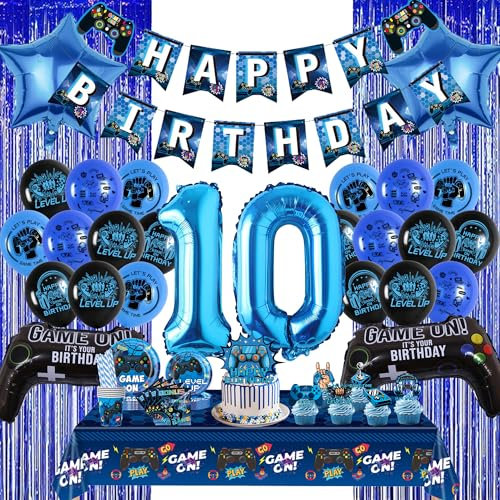 10th Birthday Decorations Banner Balloons - 110Pcs Video Game Party Supplies Set Include Fringe Curtain, Happy Birthday Cake Toppes Napkins Tablecloth Tableware for 10 Years Old Boys Kids