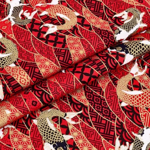 MAYJOYDIY 1 × 1.4 m Rote Japanische Baumwollstoffe Fischwellen Quiltstoffe Im Japanischen Stil Bronzing Design Zum Nähen von Kleidung Taschen Tischdecken Sofakissen DIY Bastelarbeiten