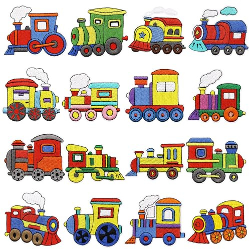 16 Stück Zug Applikation Bügelbilder Bestickte Aufnäher Patch Accessories – Zügeli Verkehrsmittel Iron on Sew on Patches für Jacken,Rucksäcke,Hüte,Taschen,Kleidung,Shoes,Jeans,T-Shirt