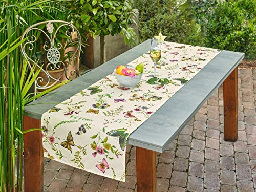Dekoleidenschaft Tischläufer „Sommerwiese“, 40 x 150 cm, mit Schmetterlingen, Blumen und Gräsern, Tischband abwiaschbar& Schmutz-abweisend, Mitteldecke