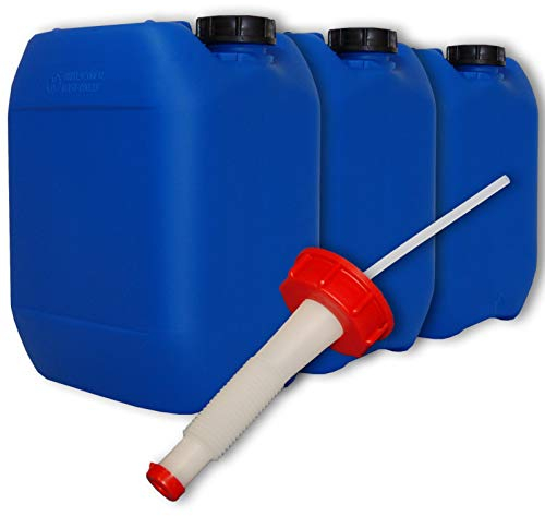 plasteo Lot de 3 bidons HDPE Jerrican Alimentaire 10 L Bleu + 1 Bec verseur Flexible DIN 51 (22041x3+22021)