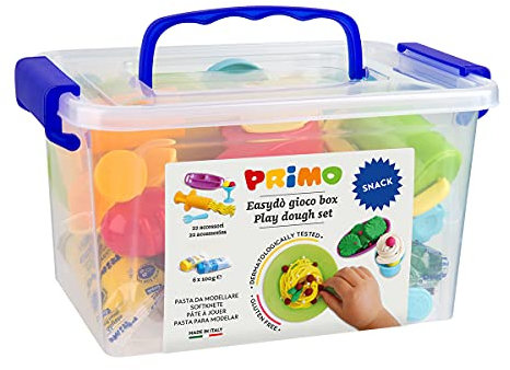 Morocolor PRIMO, 6 bloques de 100 g de plastilina Easy Do y 16 accesorios snack bar, Plastilina blanda, Colores surtidos brillantes y accesorios creativos, Elástico y maleable, Sin gluten