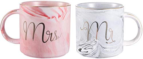 Mr und Mrs Tassen Keramik Kaffeetassen Marbling mit goldenen Mustern, perfekt für Kaffee, Tee und Wasser, 400 ml, 2 Stücke, Geschenk für Hochzeit Valentinstag Jubiläum und Weihnachten