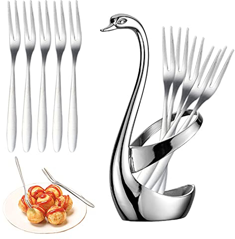 Tenedor De Fruta Cisne, Tenedores para Frutas de Acero Inoxidable, Juego De Cubiertos Con Rejilla De Almacenamiento Con Fondo De Cisne Con 10 Tenedores, Utilizado Para Postres, Frutas (plata)