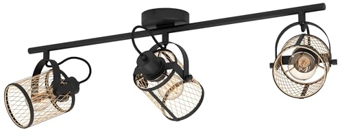 EGLO Deckenlampe Dellow, Spotbalken 3-flammig, Gitter Lampe Industrial | Spot Deckenleuchte aus Metall in Schwarz und Messing, Deckenstrahler mit E27 Fassung