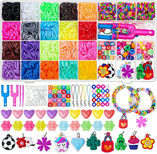 Modacraft Loom Rubber Bands, 2000+ Loom Bands for DIY Refill Bracelet Making Kits with Beads Charms S-Clips, Crochet Hooks in Storage Case for Party, Chritmas Birthday Gift