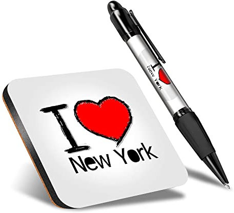 DV DESIGN 1 x Eco Square Coaster & 1 Pen Set - I Love New York NYC America USA Drink Cup Mug Glass Table Protection Mat #7752