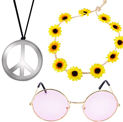 3Pcs Hippie Accessoires Set Friedenszeichen Kette Sonnenblumen Stirnband Runde Deko Sonnenbrille Silber Peace Zeichen Anhänger Retro verkleidung für 60er 70er 80er Kostüm Zubehör Party Damen Herren