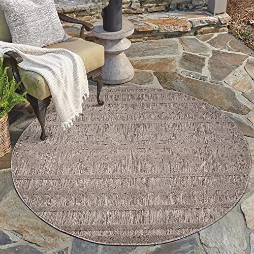 carpet city In-& Outdoor Teppich - Rund 200 cm - für Innen-& Außenbereich - Wetterfest Balkon-Teppich, Terrasse, Flur, Küche - Wohnzimmer-Teppiche - Hochtief/ 3D-Effekt - Ethno-Optik in Braun