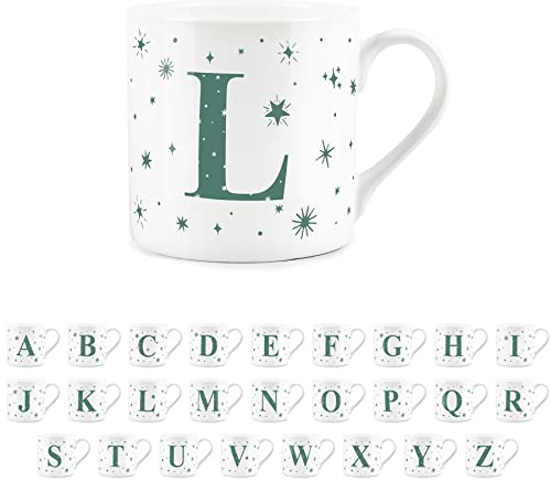 Purely Home Letter L Star Mug - Bone China White Coffee/Tea Present Gift - Alphabet Letter Mug with Stars in Teal Green Blue