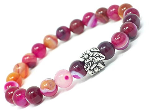 Bracelet pour femme en agate rayée rosée rouge avec une jolie perle centrale en forme de fleur