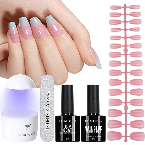 TOMICCA Soft Gel Nail Tips Kit Gel Nägel Glue Set, Top Coat und Nail Glue Gel, 180 Stück Kurz Ballerina Nägel Tips, Mini UV Lampe Nägel Buffer/Feile, Press on Nails Set mit Nagellampe, Rosa