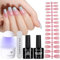 TOMICCA Kit Capsule Pose Americaine Ongles, Colle Faux Ongles 8 en 1, Top Coat Vernis à ongles Gel, Mini Lampe UV Ongles Gel, 180 Faux Ongles Cercueil Court à Couverture Complète Nail Art 15 Tailles