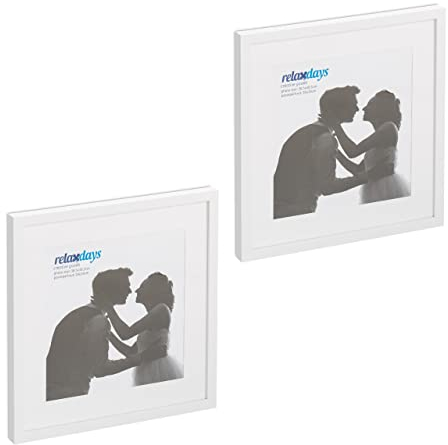 Relaxdays Bilderrahmen 2er Set, 38,5x38,5 cm, quadratisch, Fotorahmen, Aufhängen oder Hinstellen, Passepartout, weiß