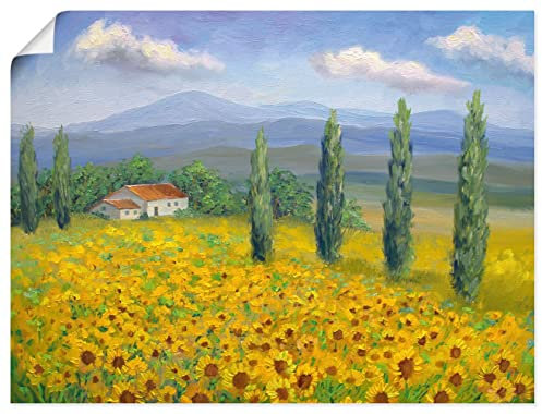 ARTLAND Wanddeko Poster & Kunstdrucke Wandposter 80x60 cm Querformat Landschaften Bauernhof Feld Sonnenblumen Säulen Zypressen Sommer U4PZ