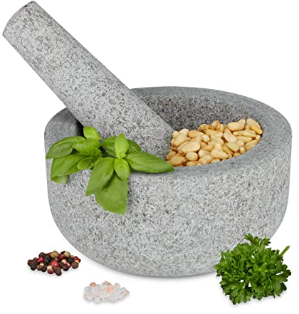 Relaxdays Lourd mortier Rond avec Pilon, en Granite, pour Vos épices et Herbes, H x D : 8 x 16 cm, Gris