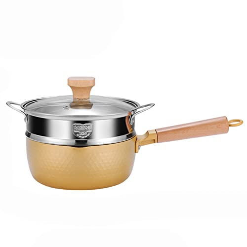 OQHAIR Nonstick Milk Kitchen u - Traditional Japanese Yukihira Saucepan with Glass Lid, Wooden Handle & Food Steamer, for Gas, Electric, Halogen,Silver (Gold)