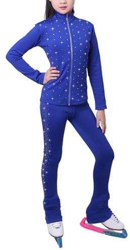 ROLTIN Damen Mädchen Eiskunstlauf Trainingskleidung mit Strass Eislaufhose Blau Skating Leggings Jacke (Größe: XS, Farbe: Blau)
