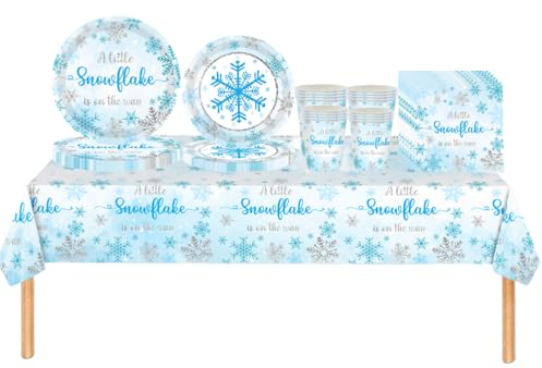 69P Vaisselle de fête sur le thème des flocons de neige en plastique, assiettes en carton, serviettes et tasses, ensemble de vaisselle jetable bleu flocon de neige pour les vacances d'hiver, Noël,