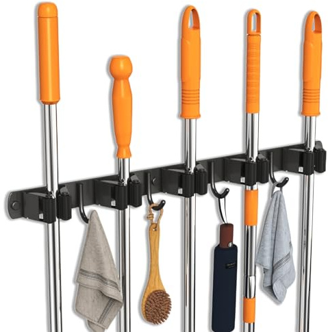 CUXIXA Mopp- und Besenhalter, Wandhalterung, verbesserter Besen-Organizer, Wandhalterung, Edelstahl, Besenaufhänger, Wandhalterung für Zuhause, Küche, Garten, Wäsche, Garage (5 Regale mit 4 Haken,