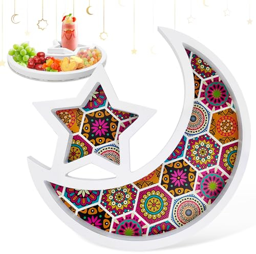 Ramadan Holz Tablett, Eid Mubarak Tischdeko Teller Stern Mond Holz Dessert Tablett Ramadan Eid Mubarak Dekoration, mit Mond und Stern Muster Ramazan Deko für Kareem Party (Weißer)