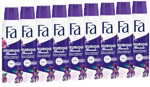 Fa Deospray Luxurious Moments (9x 150 ml), Deo mit dem luxuriösen Duft der pinken Viola, Deo ohne Aluminium für bis zu 48 h Deo-Schutz, hinterlässt keine Deo-Rückstände auf der Kleidung