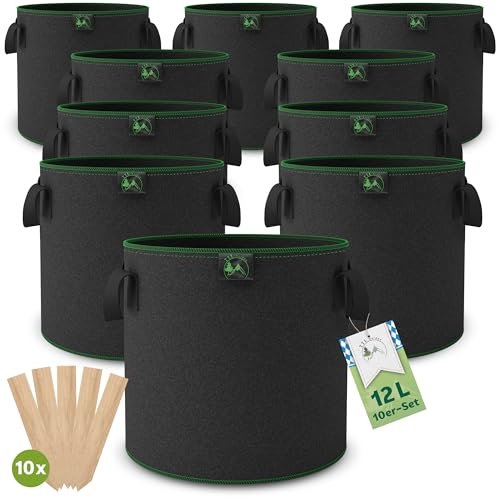 TTL Garden 10x 12L Pflanzsack aus Vlies Stoff - Stofftopf 10er Set 12 Liter Pflanztaschen 300 g/m² Filz & Vliesstoff - Pflanzgefäß Pflanzbeutel Wachstumstasche für Balkon Terrasse Gewächshaus Garten