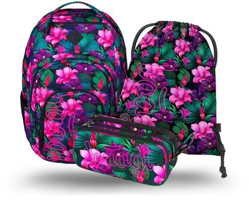 Baagl Schulrucksack Set 3 Teilig, Ergonomischer Großer Rucksack mit Kühlfach für Jungen Mädchen Teenager, Grundschule Ranzen mit Brustgurt und Laptopfach, Daypack 35 l (Paradise)