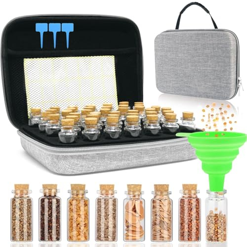 Vesone 40 Slots Saatgut Aufbewahrungsbox Samen Organizer Box Robuste Samen-Aufbewahrungsbox mit 40 Glasflaschen, Pflanzenetikett, Aufklebern und Trichter für Blumen, Gemüse, Obst, Chili-Samen