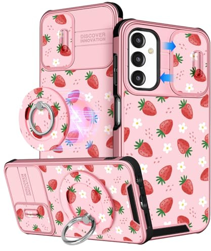 Buleens for Samsung Galaxy A15 5G Phone Case 6.5 Inch - with Ring Stand & Camera Cover Cute Designed Women Girls Girly Pretty Strawberry for Samsung Galaxy A15 5G Case Compatible with Magsafe