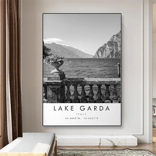 SHINERING Moderner Gardasee Reisedruck Italien Poster Schwarz-Weiß Druck Leinwandgemälde Unikat Wandkunst Koordinaten Minimalistisches Dekor 50X70Cm Kein Rahmen