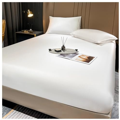 Spannbetttuch Spannbettlaken aus Maulbeerseide, tief, 25 cm, Matratzenbezugsgröße aus echter Seide, luxuriöse High-End-Bettwäsche Bettlaken(White,160x200x25cm)