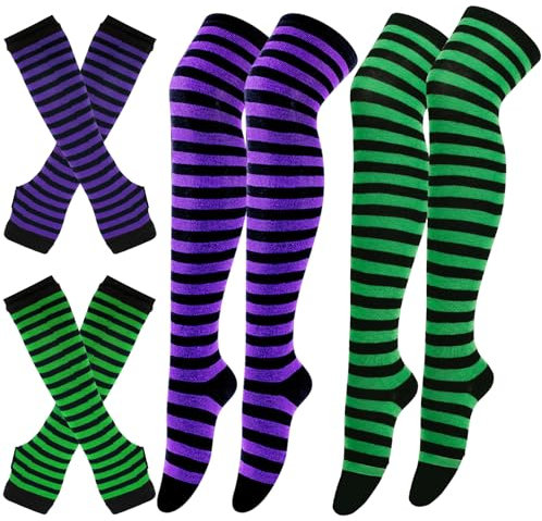 Scettar 2 Pairs Thigh High Socks & 2 Pairs Long Fingerless Gloves, Striped Knee High Socks Women Socks and Arm Warmers for Women Girls