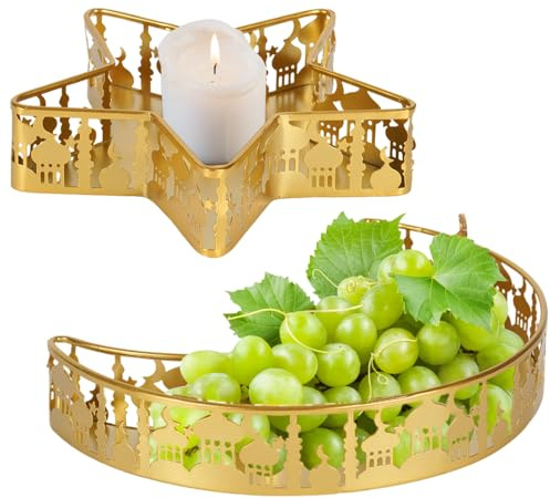 NAVESO 2Pcs Eid Mubarak Moon Star Tray, Ramadan Serving Tray, Ramadan Decorations Tray, Eid Mubarak Gold Metal Dinner Plates, Islam Muslim Party Festival Table Decor for Fruit Snack Dessert Sweets