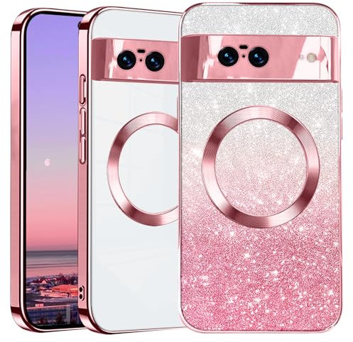 Kainevy for Google Pixel 8 Case Clear Glitter Cute Girly for MagSafe with Camera Lens Protector, for Google Pixel 8 Phone Case Slim Silicone Magnetic Bling Shockproof Protective Cover (Pink)