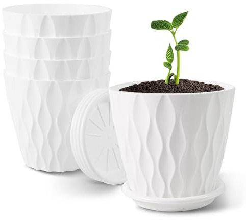 ALAGIRLS 15cm Plastic Plant Pots 4PCS Plant Pots with Drainage Holes and Saucers,Set of 4 Flower Pot, Modern Decorative Planters, White