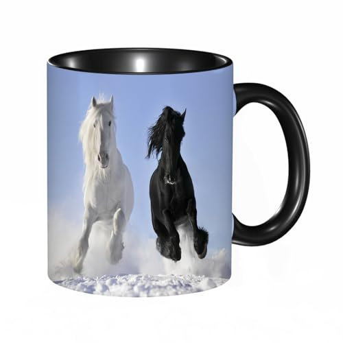 HRRASFAZF Tasse Kaffeetassen,Große 330ml Mit Henkel 100% Handbemalt kaffeebecher porzellan,Weiße und schwarze Pferde,Frauen,Jahrestag,Muttertag
