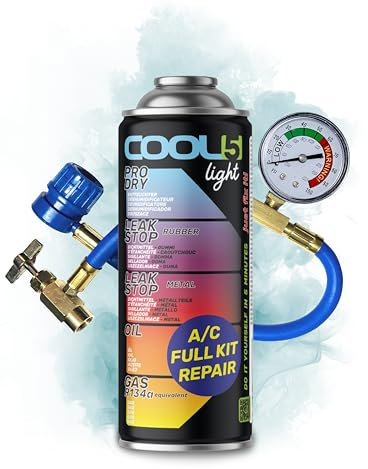 COOL5 Refrigerante de repuesto Light R134a para aire acondicionado de coche, 1 lata 5 en 1, 235 g + línea de presión con manómetro
