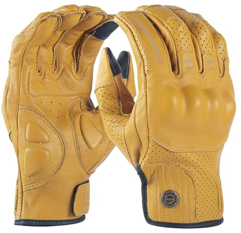TANGSIYANG Motorradhandschuhe Retro Echtleder Motorradhandschuhe Vollfinger Touchscreen Rennen Reiten Motocross Herren Motorradzubehör Motorrad Handschuhe(540-Yellow,M)
