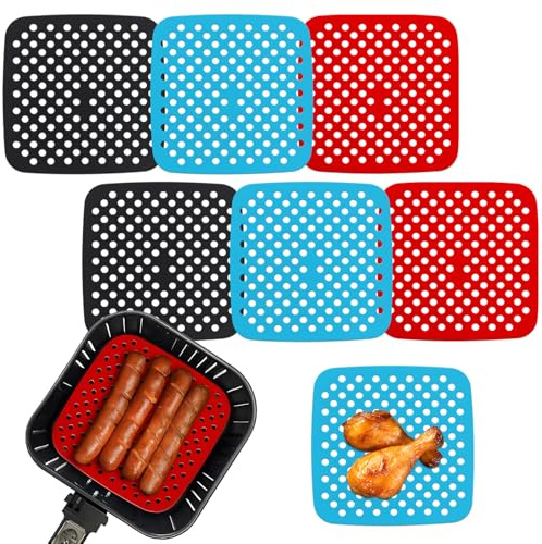 Lot de 6 revêtements carrés en silicone pour friteuse à air comprimé - 21,6 cm - Réutilisables et antiadhésifs - Résistants à la chaleur, passent au lave-vaisselle - Noir, rouge, bleu ciel